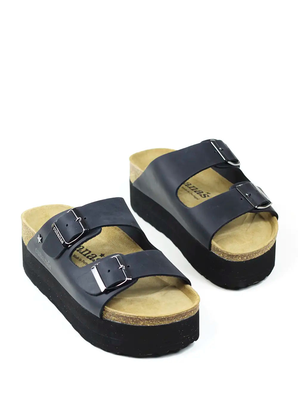 Sandália Plataforma Preta em Pele com Duas Tiras