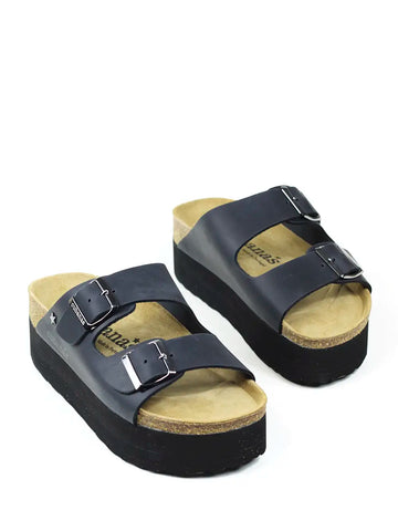 Sandália Plataforma Preta em Pele com Duas Tiras