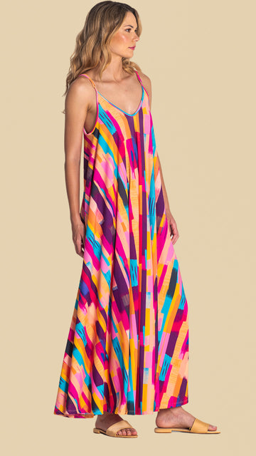 Vestido Alças Finas com Padrão Colorido Ruga