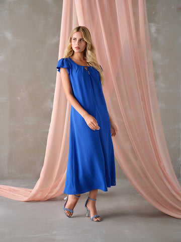 Vestido "Azul Versátil" com Decote Redondo